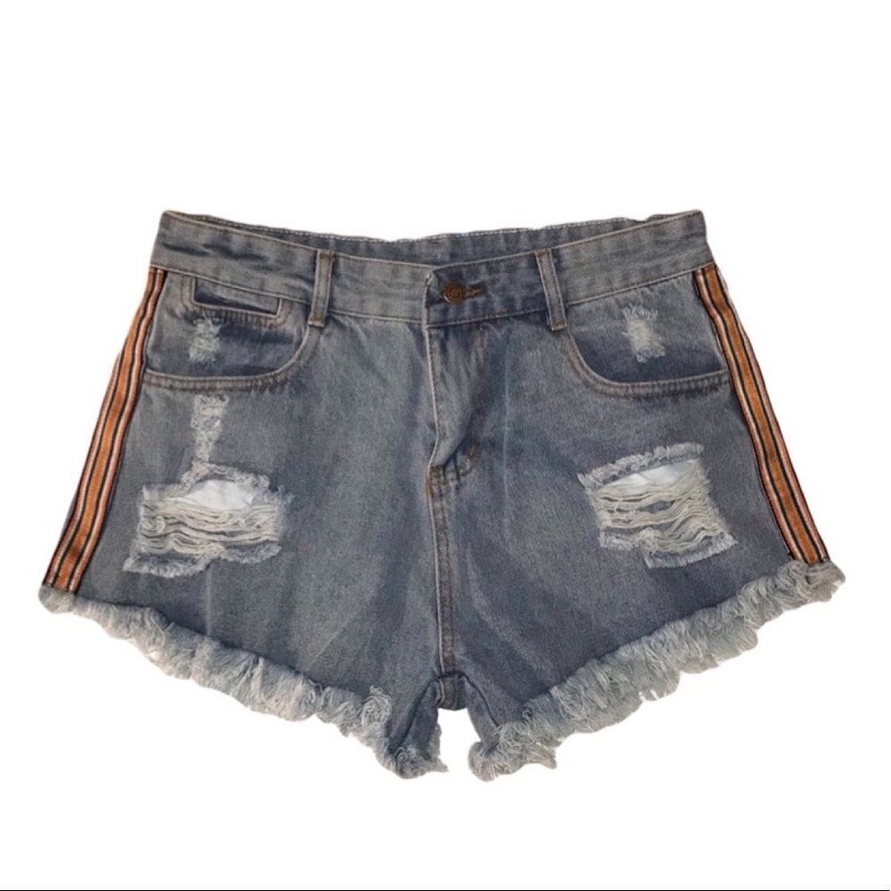Denim Shorts W/ Orange Stripe Ribbon